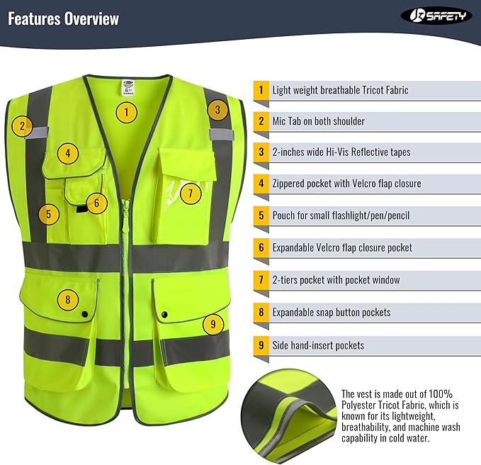 JKSafety 9 Pockets Class 2 High Visibility Zipper Front Safety Vest With Reflective Strips,Meets ANSI/ISEA Standards (5X-Large, 150-Yellow)