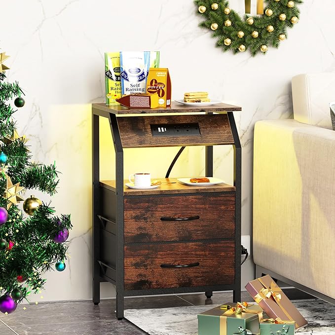 End Table with LED Lights, Nightstand with 2 Drawers and Type C Charging Station, Small Fabric Dresser for Bedside, Storage Side Table for Living Room Dorm, Rustic Brown