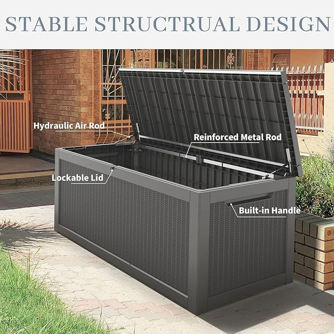 NUNU LAB Outdoor Storage Box, 320 Gallon Deck Box, Resin Waterproof Outside Storage Bench, Outdoor Storage Cabinet With Lockable Lid, Backyard Deck Box For Garden Tools, Patio Cushions, Grey