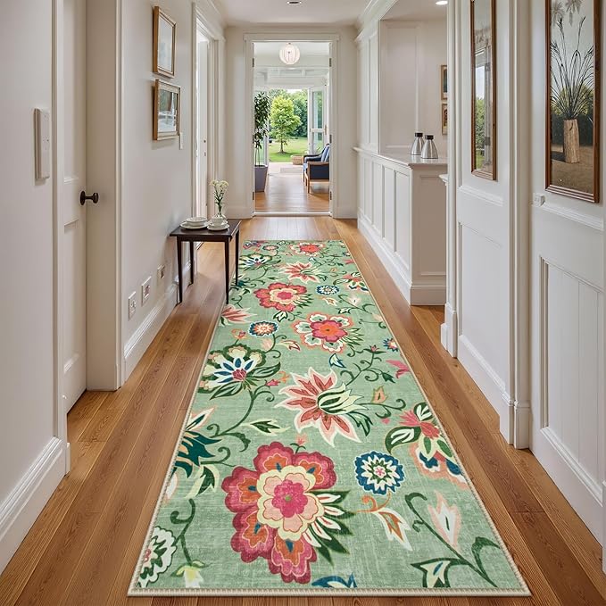 Beeiva Floral Runners for Hallways, Paisley Rug Runners 2x8 Washable with Ultra Thin Low Pile, Non Slip Rugs Carpet for Hall Way Kitchen Bathroom (Light Green,2'x8')