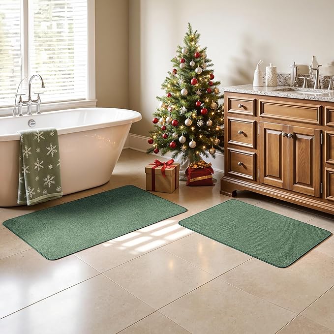 MIULEE Christmas Green Set of 2 Ultra Thin Bathroom Rugs, Rubber Bath Mats for Bathroom Non Slip, Quick Dry Absorbent Bath Rug Machine Washable, Fit Under Door, Shower, Sink, Decor, 17"x27"+20"x32"