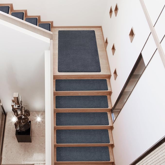 PURE ERA Carpet Stair Treads Ultra Plush 8" X 30" Soft Indoor Stair Protectors Pet-Friendly Non-Slip Skid Resistant Tape Free Washable Reusable(14 Pieces, Dark Gray)