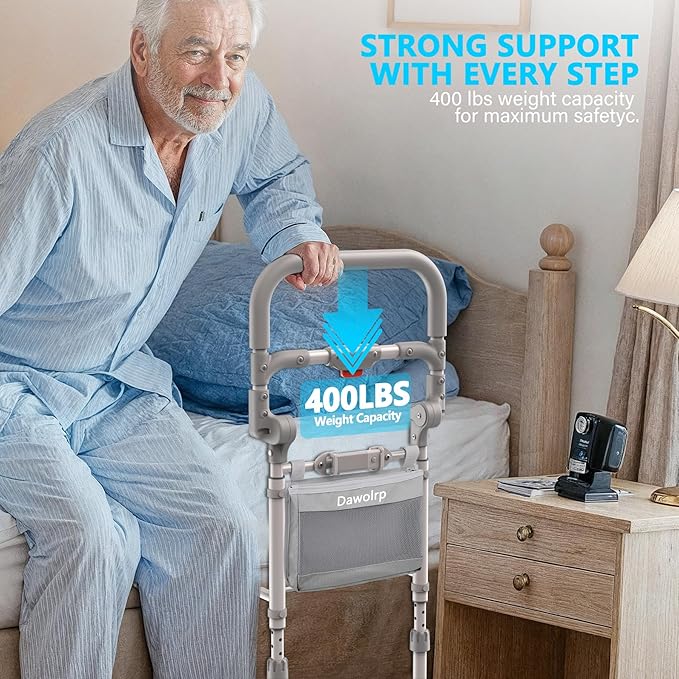 Bed Rails for Elderly Adults Safety Foldable Bed Side Assist Rail for Seniors with Motion Sensor Light & Storage Pocket, Adjustable Height Bedrails for Queen King Full Size Bed, 400 Lbs