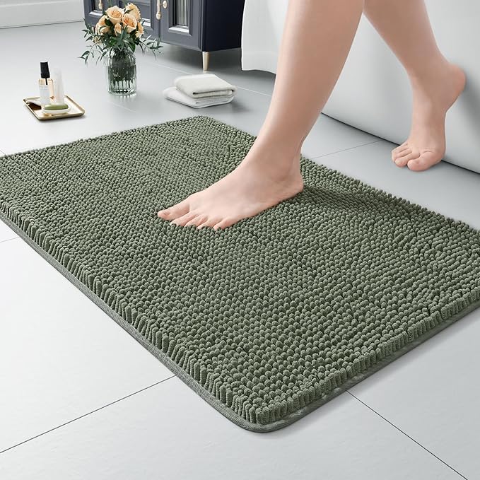 LOCHAS Luxury Bathroom Rug Shaggy Bath Mat 24 x 17 Inch, Washable Non Slip Bath Rugs for Bathroom Shower, Soft Plush Chenille Absorbent Carpets Mats, Sage Green