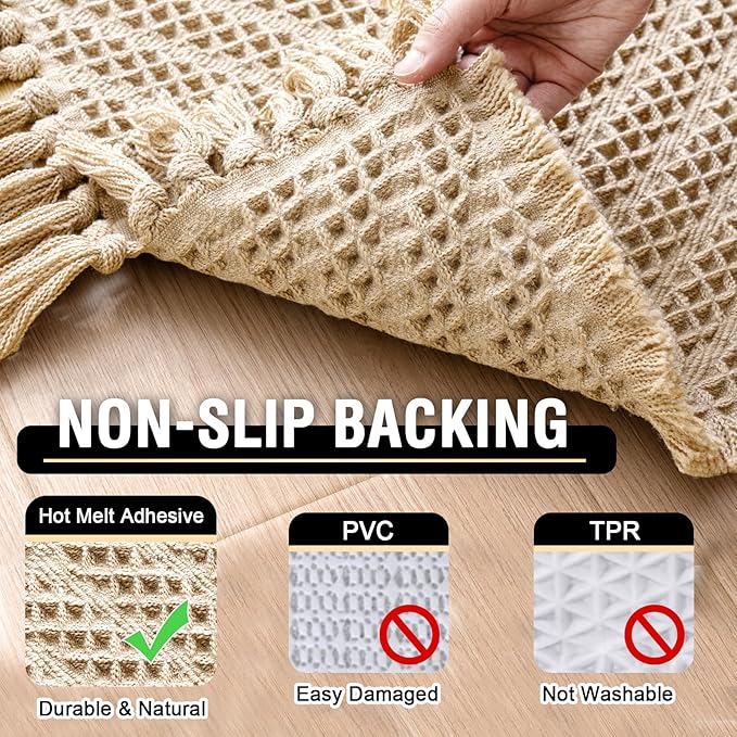 H.VERSAILTEX Waffle Bath Mat Super Absorbent Boho Bath Mat Non Slip Bath Rugs for Bathroom Floor Machine Washable Dry Fast Bathroom Rugs with Tassels, 17" x 24", Sand