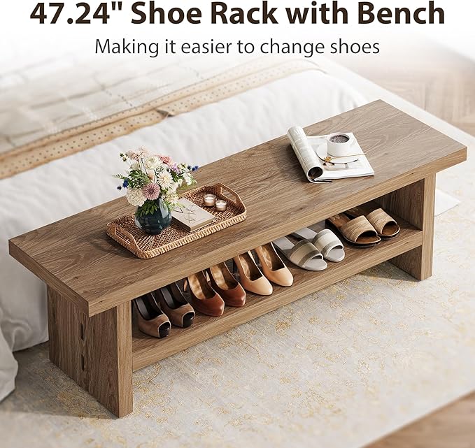 2 Tier Entryway Bench, 47.24" Shoe Bench, Rustic Shoe Rack, Wooden Storage Bench for Entryway Hallway Living Room Bedroom, Easy Assembly, Oak Color