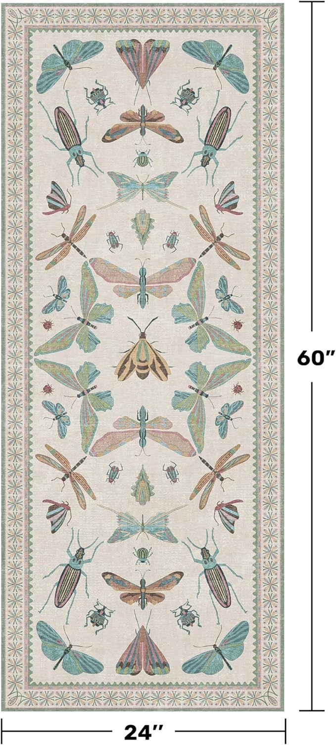 Washable Non Slip Bathroom Runner Rug 2x5, Insect Boho Bath Mat, Stain Resistant Low Pile Butterfly Insect Print Rugs for Laundry Room, Powder Room, Beige Green