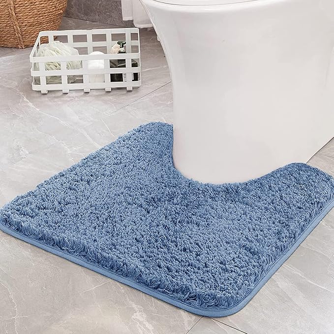 MIULEE Microfiber Toilet Bath Mat U-Shaped Contour Shaggy Bathroom Rugs Non Slip Extra Thick Soft Bath Rug Absorbent Water for Bathroom Commode Machine Washable(24x24 Inch, Blue)