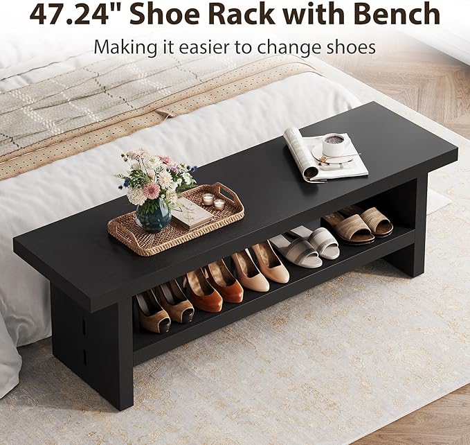 2 Tier Entryway Bench, 47.24" Shoe Bench, Rustic Shoe Rack, Wooden Storage Bench for Entryway Hallway Living Room Bedroom, Easy Assembly, Black