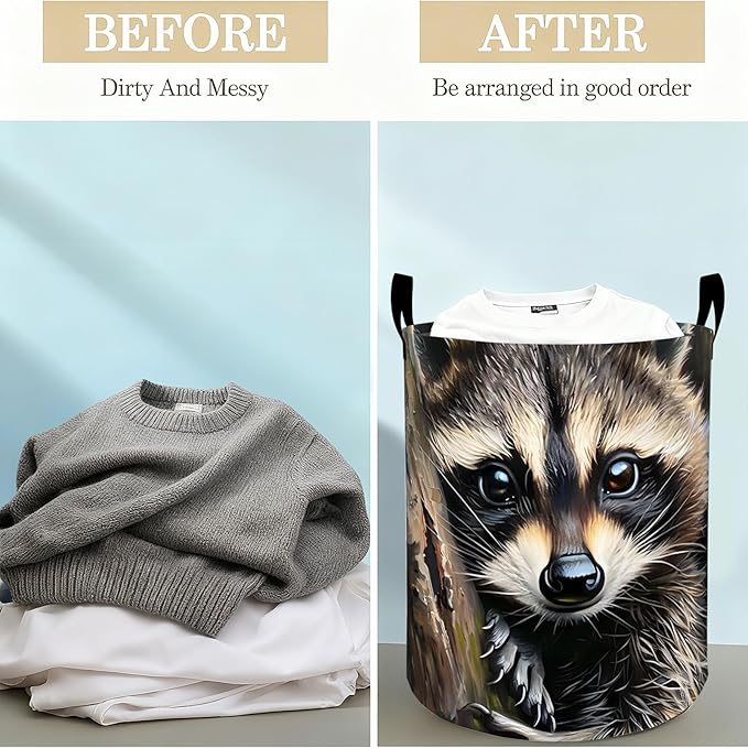 Cute Raccoon Laundry Basket Hamper for Boys Girls Kids Adults, Foldable Waterproof Oxford Clothes Storage Bin, Animal Forest Organizer for Bedroom Bathroom Room Decor 19.7"x15.8"
