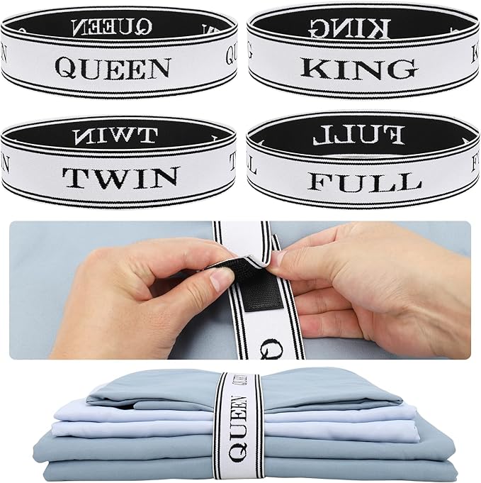 Bed Sheet Organizer Bands with Hook and Loop Adjustable Sheet Organizers and Storage Label Bands for Linen Closet-Elastic Bedding Sheet Keeper Straps for Bedsheet Sets (Mix 4PCs)