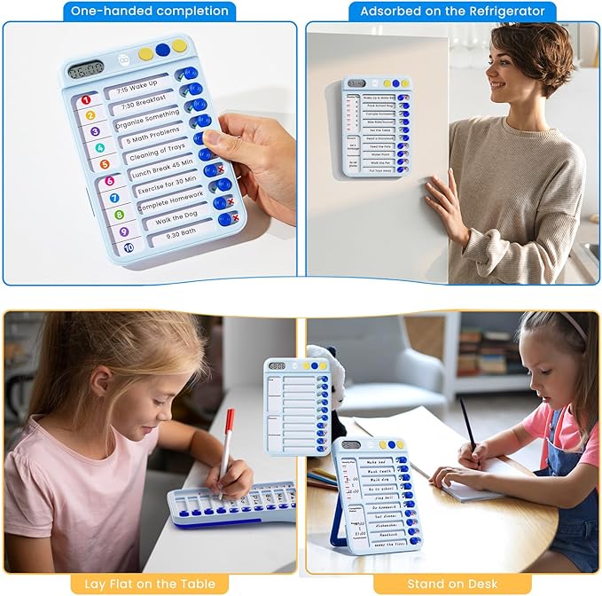 Magnetic Chore Chart for Kids with Timer, Visual Schedule for Kids, ADHD Tools for Kids to Do List, Checklist with 99-Min Countup/Countdown Chore Board with Sliders & Dry-Erase Sheets (Blue)