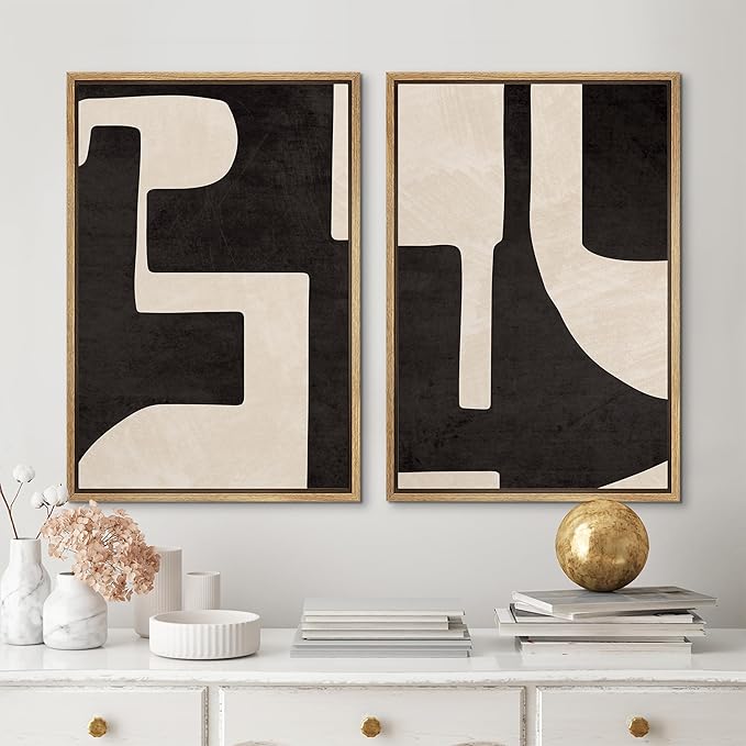 MUDECOR Framed Canvas Print Wall Art Black & White Geometric Paint Stroke Decor Abstract Nature Illustration Modern Art Decorative Multicolor Geometric Minimal for Bedroom - 24"x36"x2 Natural