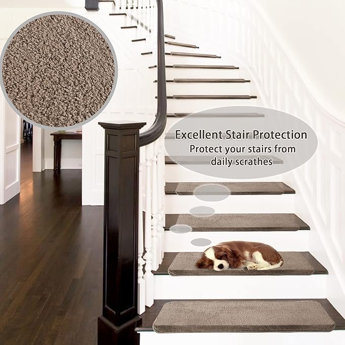 PURE ERA Carpet Stair Treads Ultra Plush 9.5" X 30"Soft Bullnose Indoor Stair Protectors Pet-Friendly Non-Slip Skid Resistant Tape Free Washable Reusable(14 Pieces,Brown)