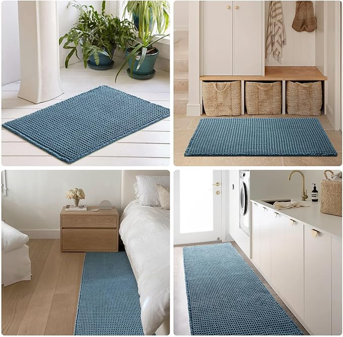 Waffle Bath Mat, Boho Bathroom Rugs Non Slip Washable Super Absorbent Quick Dry Bath Mat Farmhouse Bathroom Decor, 36"x24" Denim Blue
