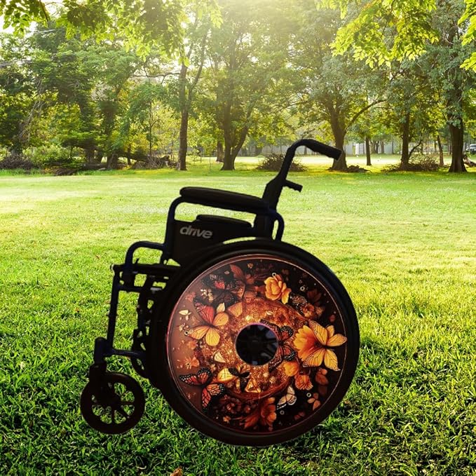 Wheelchair Christmas Wheel Covers, Costume, Wheelchair Accessories Wheels, Enhances Aesthetics, Easy Install/Remove, Lightweight, New Matt Finish (Royal Gold Butterfly)