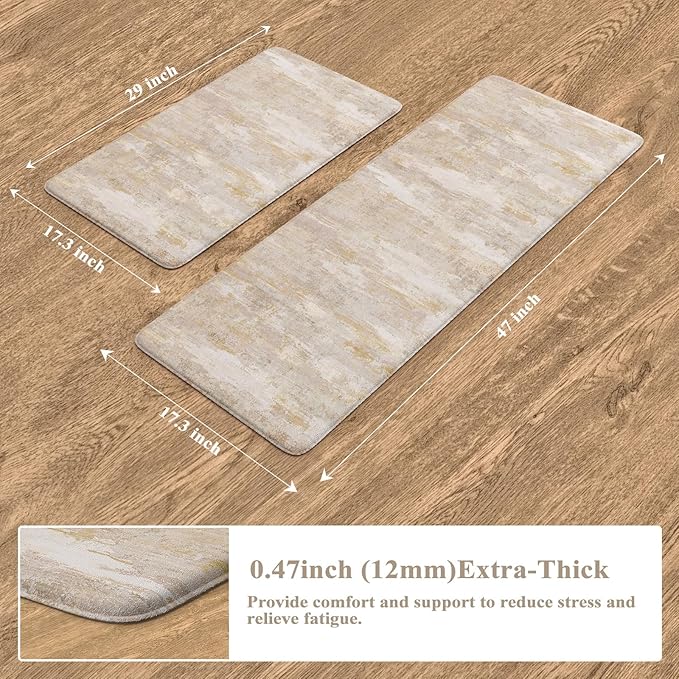 Collive Kitchen Mats Cushioned Anti Fatigue, Abstract Kitchens Floor Mat Non Slip Desk Rugs Waterproof, Beige Memory Foam Comfort Standing Rug for Sink, Home Decor, 17"x59"+17"x29"