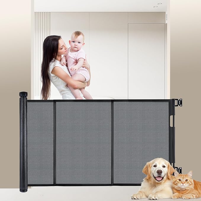 71 inches Extra Wide Retractable Baby Gate, 34 inches Tall Pet Gate for Stairs, Hallways, Kitchens, Safety Mesh Barrier for Kids and Dogs, Indoor Outdoor Use, Black