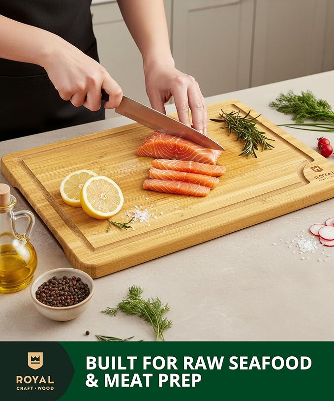 ROYAL CRAFT WOOD Bamboo Cutting Board Gift Set – 3-Piece Reversible Wooden Boards with Deep Juice Groove & Handles – Premium Charcuterie & Butcher Blocks for Kitchen – Holiday Gift-Ready Packaging