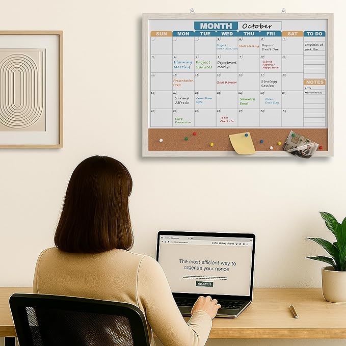 Monthly Calendar Dry Erase Board 24x18 Inch, Double-Sided Whiteboard and Corkboard Combo with White MDF Frame (Color Calendar), Wall Mounted Planner with Marker, Magnet, Push Pin, Eraser