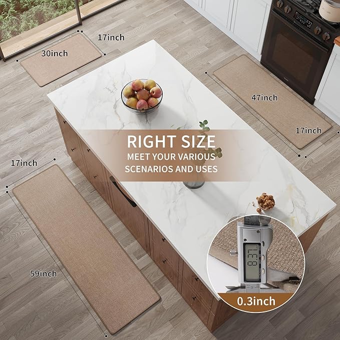 Kitchen Rugs Mat Non Slip Washable, Linen-Look 0.3" Thick Soft Cushioned Absorbent Kitchen Mats for Floor, Mild Anti-Fatigue Runner Rug Sink Mat Laundry Standing Mats, Easy Clean, Brown 17"x30"