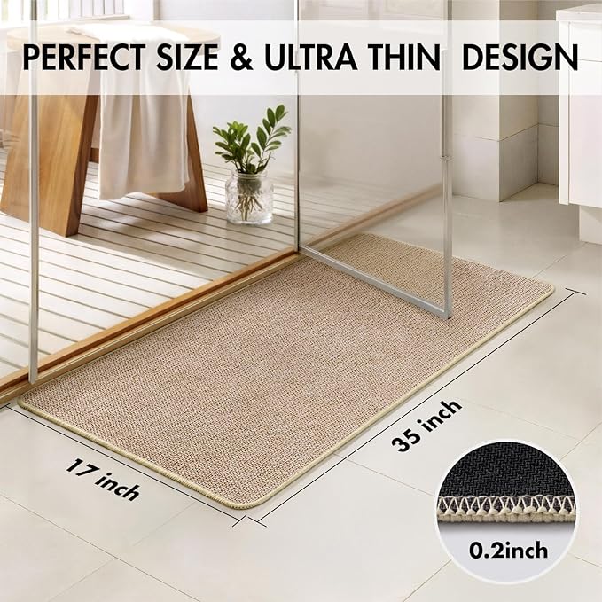 MIULEE Set of 2 Ultra Thin Bathroom Rugs, Rubber Bath Mats for Bathroom Non Slip, Quick Dry Absorbent Bath Rug Machine Washable, Fit Under Door, Shower, Sink, Home Decor, Beige, 17x35 Inch