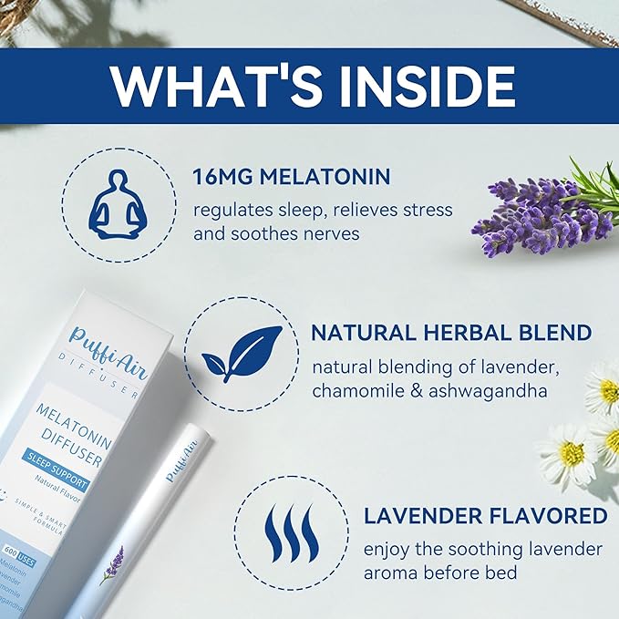 Herbal Anxiety Pen - Melatonin Diffuser with Lavender, Chamomile & Ashwagandha for Sleep Support & Stress Relief - 600 Uses 2 Sticks