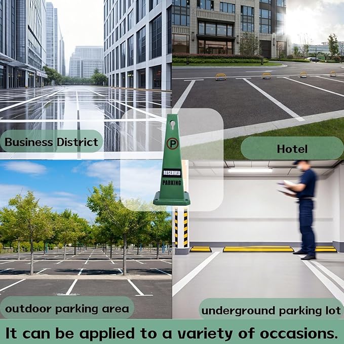 26.5" Caution Cones, 4-Sided Visible Safety Signs with Heavy Rubber Base, Warning for Slip & Fall Prevention, Indoor/Outdoor Use (4, Reserved Parking-Green, 26.5 inch)