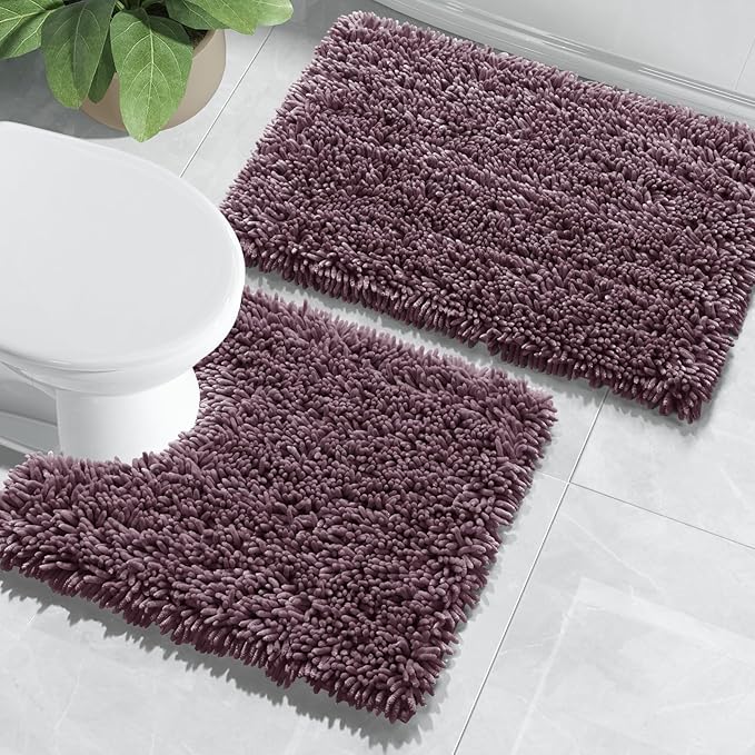 Yimobra Bathroom Rugs Sets 2 Piece, Soft Absorbent Bath Mat and U-Shaped Toilet Rug with Non Slip Backing, Luxury Shaggy Bath Mats for Bathroom, Machine Washable, 24"x17"+24"x20", Dark Purple