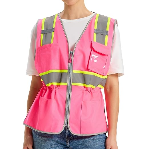 Hi Vis Safety Vest for Women, Working Drawstring waist Construction Vest with Pockets and Zipper (US, Alpha, 6X-Large, Regular, Regular, Pink