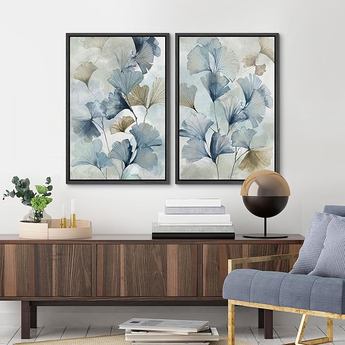 MUDECOR Framed Canvas Print Wall Art Blue Ginkgo Flower Illustrations Modern Art Decorative Bohemian Colorful Chic for Living Room, Bedroom, Office - 24"x36"x2 Black