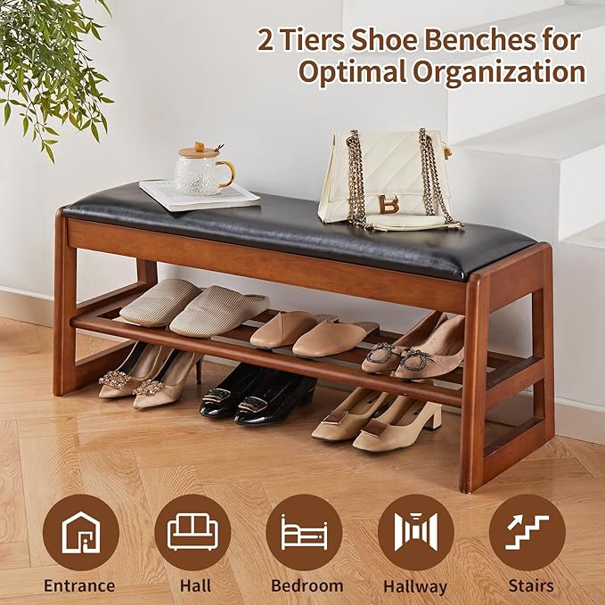 Shoe Rack Bench with Storage - Entryway Bench 40inch 2-Tier Shoe Bench with PU Cushion, Solid Wood Legs Flip Top Entryway Organizer Space Saving