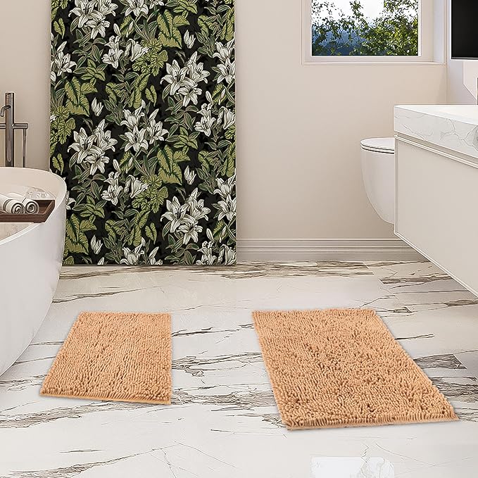 Bathroom Rugs 2 Piece Set – Absorbent, Non-Slip, Soft Chenille Bath Mat, Machine Washable, Comfortable Floor Mats (24"×17” & 20"×30”, Beige)