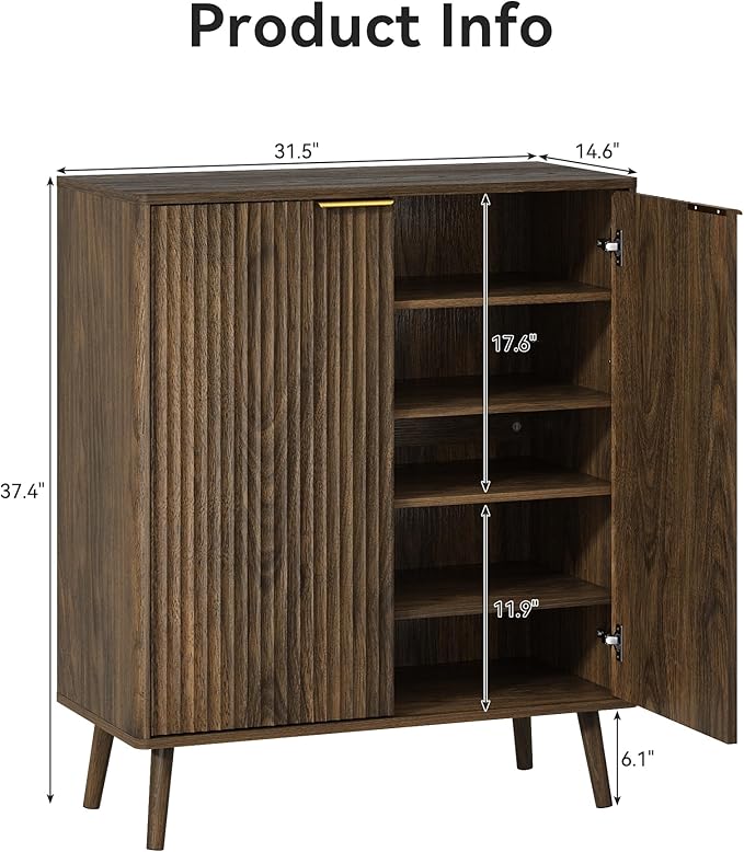 Fluted Shoe Cabinet with Doors Set of 2, 5-Tier Shoe Storage Cabinet with Adjustable Shelves, Wooden Freestanding Shoe Organizer Shoe Cabinet for Entryway,Hallway,Living Room, Walnut