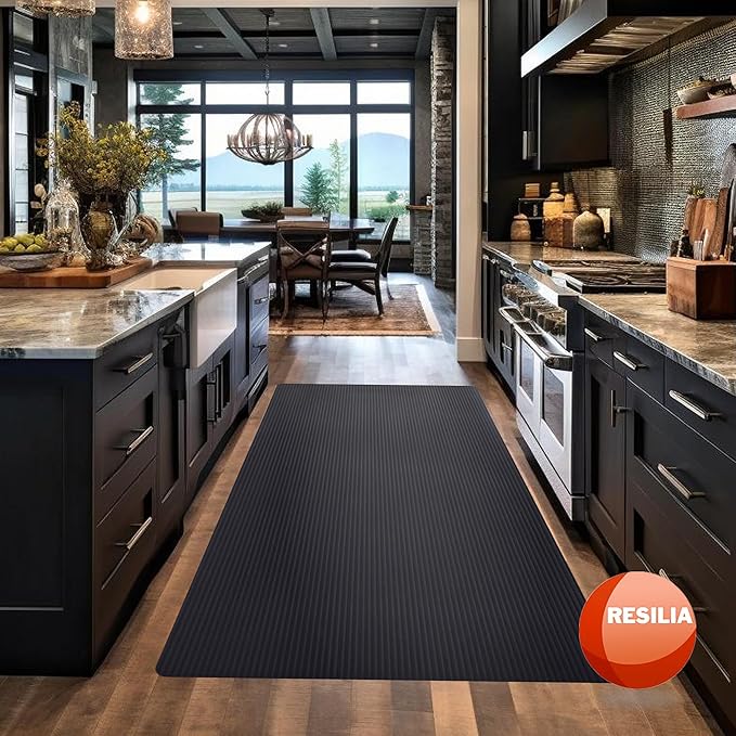 RESILIA Black Plastic Floor Runner - Embossed Wide Rib Waterproof Vinyl, Non Slip, Heavy Duty Protector Mat for Indoor Hardwood, Hard Floors, Garage, Entryway, Kitchen, & Outdoor Use, 27” x 75’