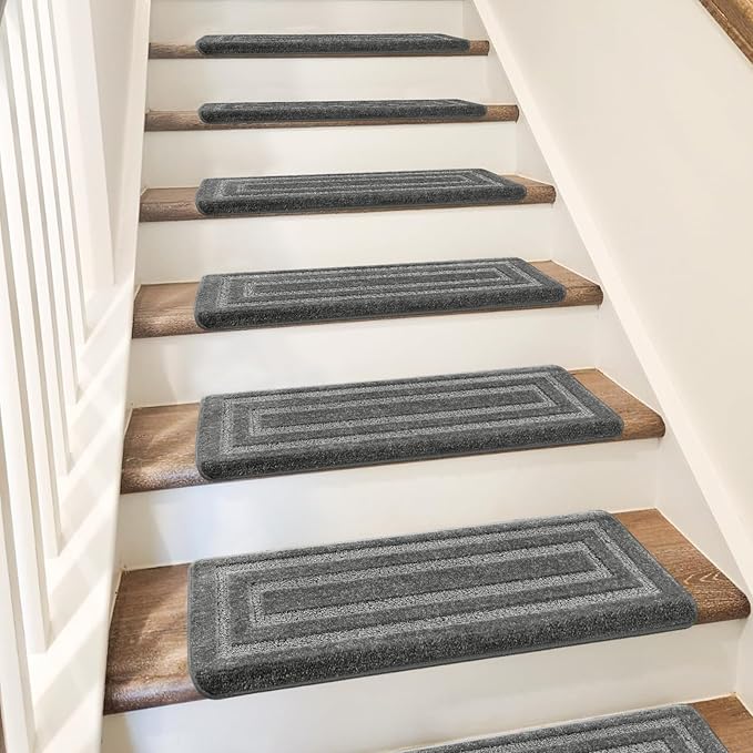 PURE ERA Bullnose Carpet Stair Treads Set Tape Free Non-Slip Indoor Stair Protectors Pet Friendly Rugs 9.5" x 30"(2 Pieces,Grey Rectangular)