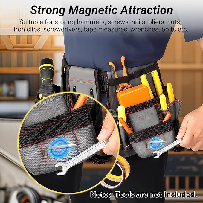 Tool Belt Magnetic for Men with 17 Pocket, 32"-46" Adjustable Heavy Duty Waist Tool Belts with Drill Holster and Hard Board Tool Pouch, Toolbelt for Electrician, Carpenter, Worker, Dad Gift