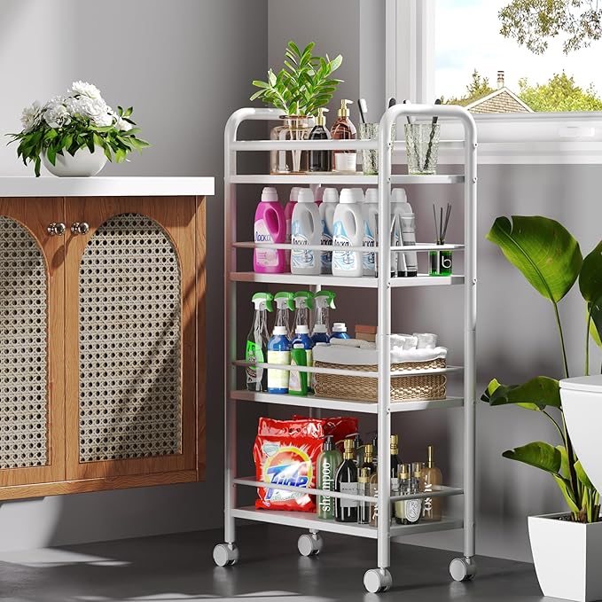 Slim Rolling Cart, 4-Tier Narrow Storage Cart with Handle, 9.1 Inches Deep, Bathroom Shelf for Small Spaces, Kitchen, Dining Room, Living Room, Laundry Room, White