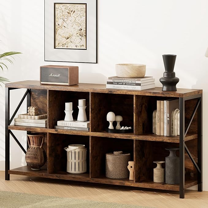 8 Cube Storage Organizer Bookshelf, Industrial Horizontal Bookcase, Accent Cubby Shelf, Media Console Table for Living Room, Home Office, 13.6" D x 63" W x 30.9" H, Rustic Brown