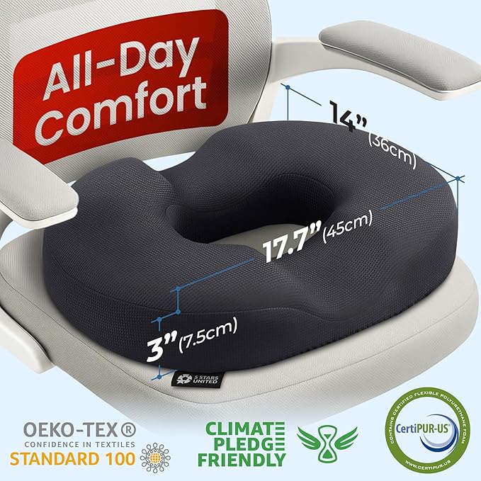 5 STARS UNITED Donut Pillow Hemorrhoid Tailbone Cushion – Large Chair Pad for Pain Relief – Coccyx, Prostate, Sciatica, Pelvic Floor, Pressure Sores, Pregnancy, Postpartum Recovery, Arctic Black