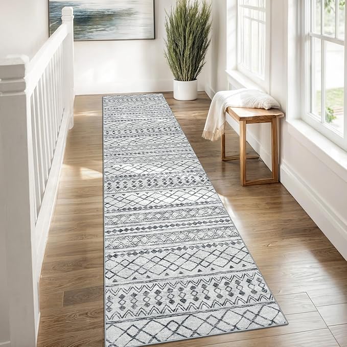 KUTA Boho Runners for Hallways 2x8 Grey Moroccan Washable Runner Rug Non-Slip Vintage Kitchen Rugs Ultra Soft Distressed Geometric Floor Carpet for Bedroom Laundry Living Room