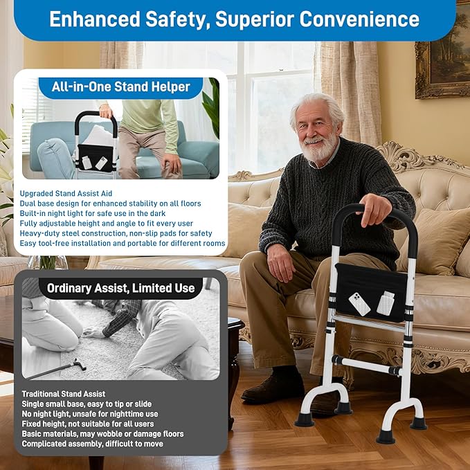Stand Assist Aid for Elderly with Extra Non-Slip Threaded Base, Adjustable Stand Assist, Hip Knee Surgery Recovery Aid Walking Cane, Standing Aid for Couch, Bedside, Toilet, and More