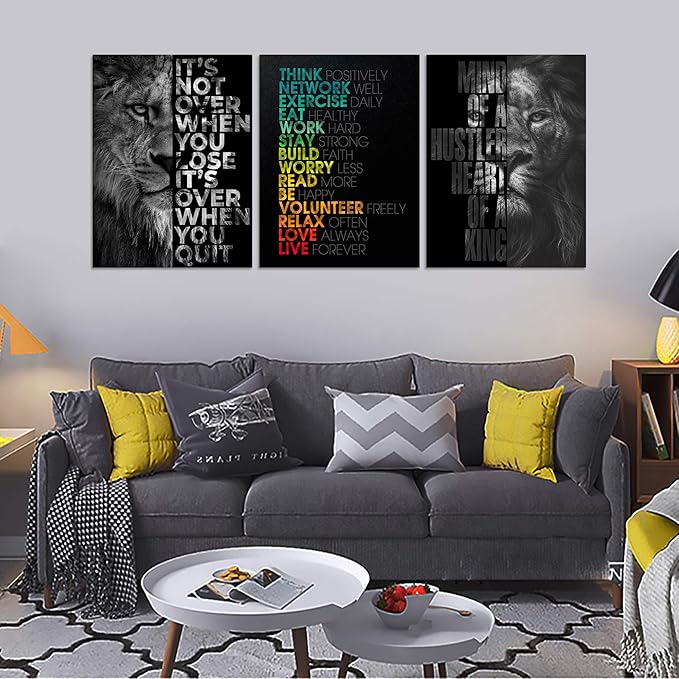 Unbruvo Motivational Office Wall Art Inspirational Canvas Wall Art Lion Picture Print Entrepreneur Quote Wall Painting 3 Pieces Artwork for Living Room Bedroom Classroom Home Decor(48" Wx24 H)