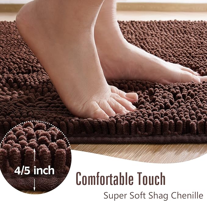 LOCHAS Luxury Bathroom Rug Shaggy Bath Mat 24 x 70 Inch, Washable Non Slip Bath Rugs for Bathroom Shower, Soft Plush Chenille Absorbent Carpets Mats, Brown