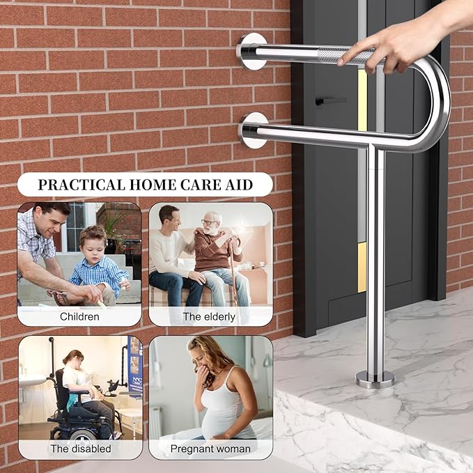 Toilet Support Rail 23.4X 28 Inch, Munzong Anti-Slip Chrome Handicap Grab Bar for Bathroom, Stainless Steel Knurled Safety handrails with Leg for Elderly Disabled Pregnant-1.25’Tube