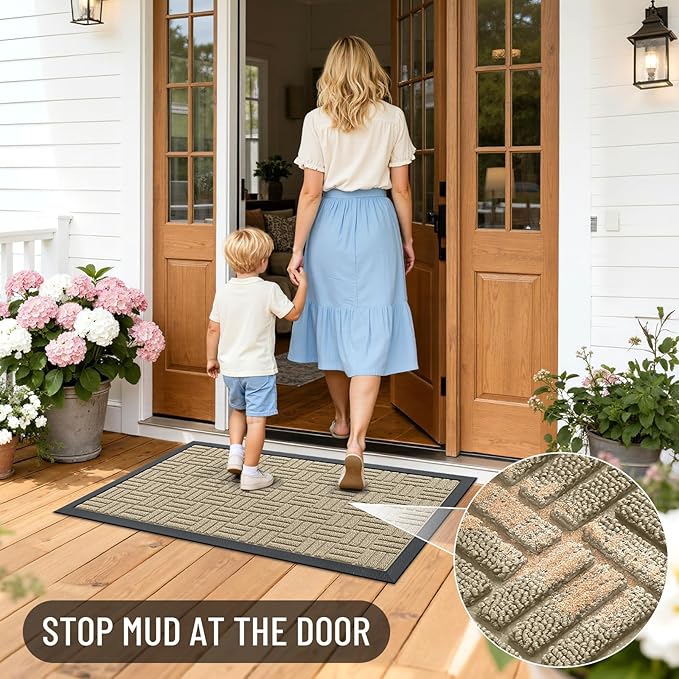 OLANLY Front Door Mat Outside Entrance 47x32, Absorbent, Heavy Duty Sturdy Natural Rubber Doormat Indoor Outdoor, Stain and Fade Resistant, Non-Slip Backing Low Profile Floor Mat for Entryway, Beige