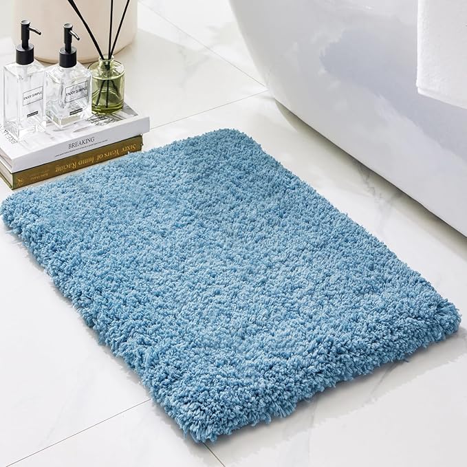 Bathroom Rugs 32x20, Ultra Thick Shaggy Soft Microfiber Absorbent Bath Rug, High Density Foam Latex Non Slip Backing, Machine Washable Bath Mats for Bathroom Floor & Sink, Blue
