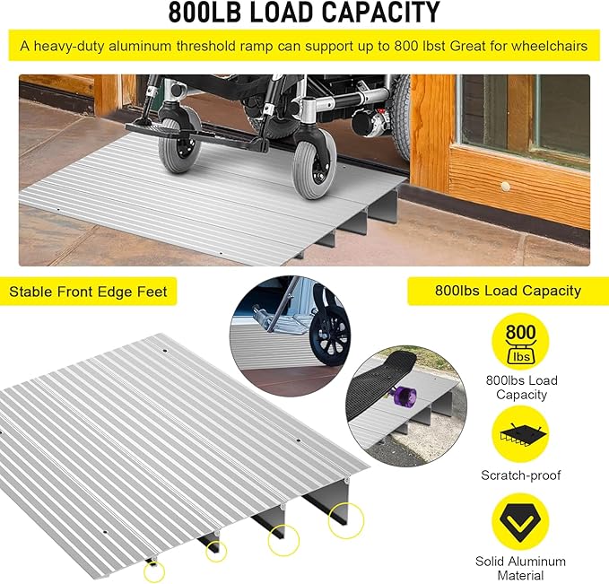 Door Threshold Ramp 4" Rise Door Ramp Aluminum Entry Ramp or Doorways Rated 800 lbs Load Capacity forWheelchair Scooters Power Chairs Walkers