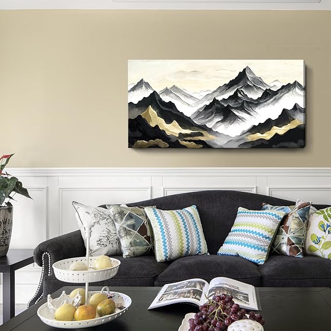 amatop Abstract Mountain Wall Art, Large Modern Canvas Print - Black White and Gold Landscape Nature Picture, Horizontal Inspirational Artwork for Living Room, Office, Bedroom and Bathroom Wall Decor (48x24 Inch)