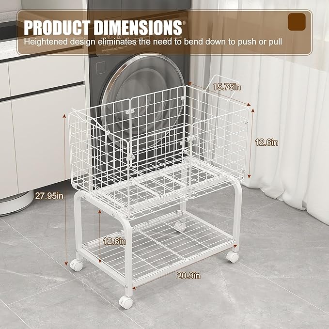 2-Tier Rolling Laundry Basket Cart with Wheels,Bathroom Laundry Hamper Cart with Handle and Divider,Multi-Purpose Storage Organizer for Laundry Room, Bathroom, Kitchen, Bedroom